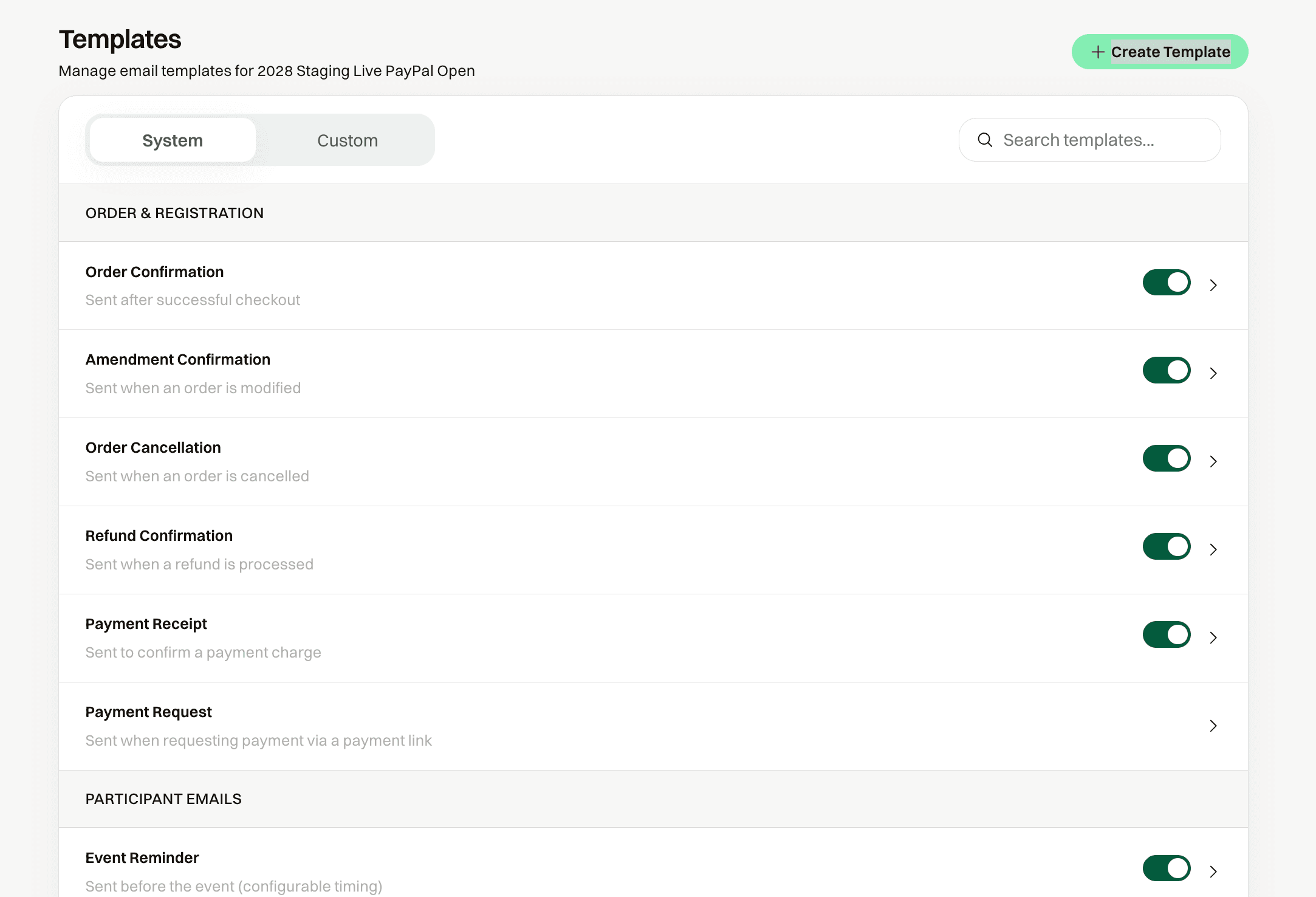 Automated email templates for an event