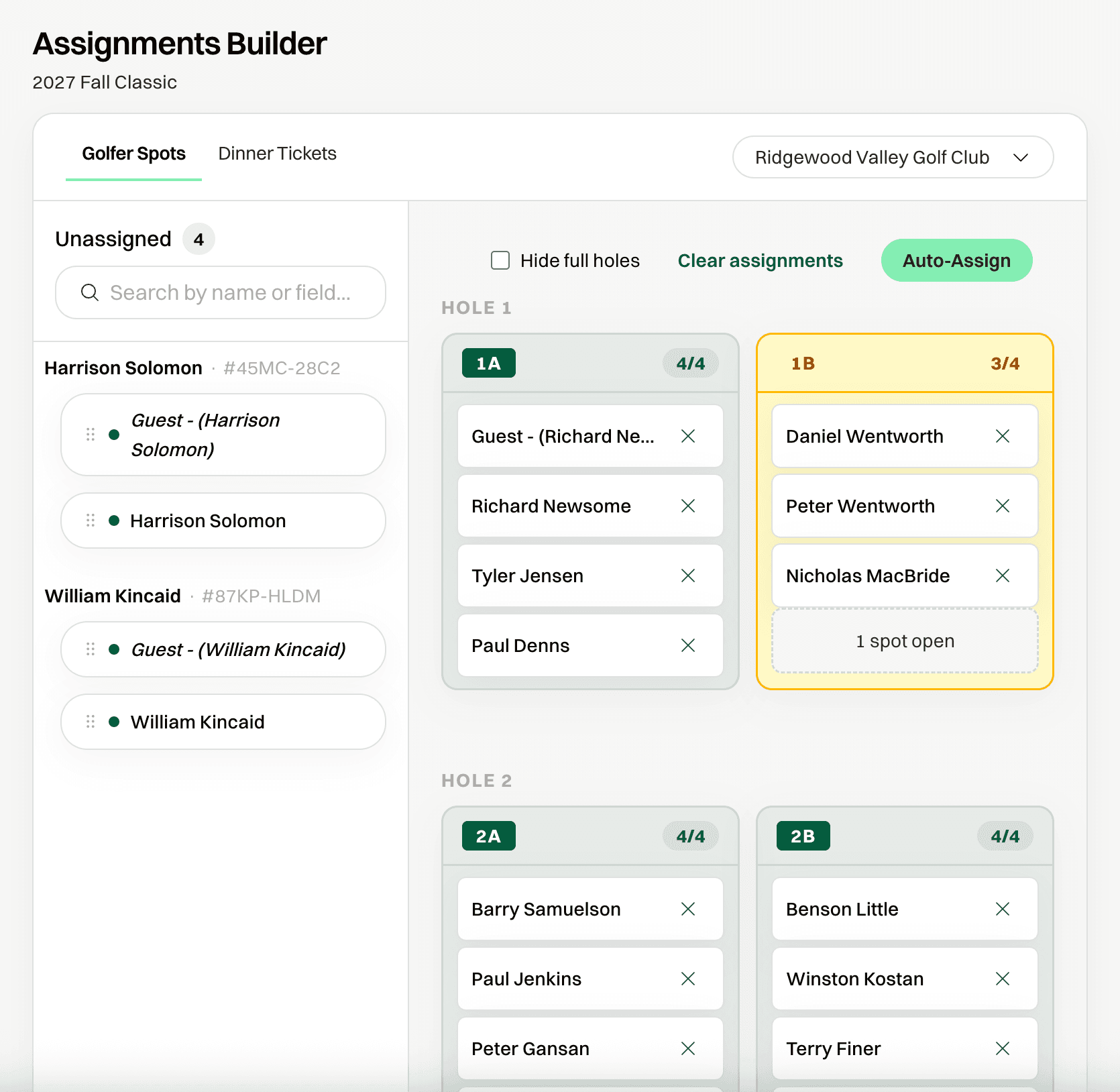 Assignments builder with auto-assign and groups on holes
