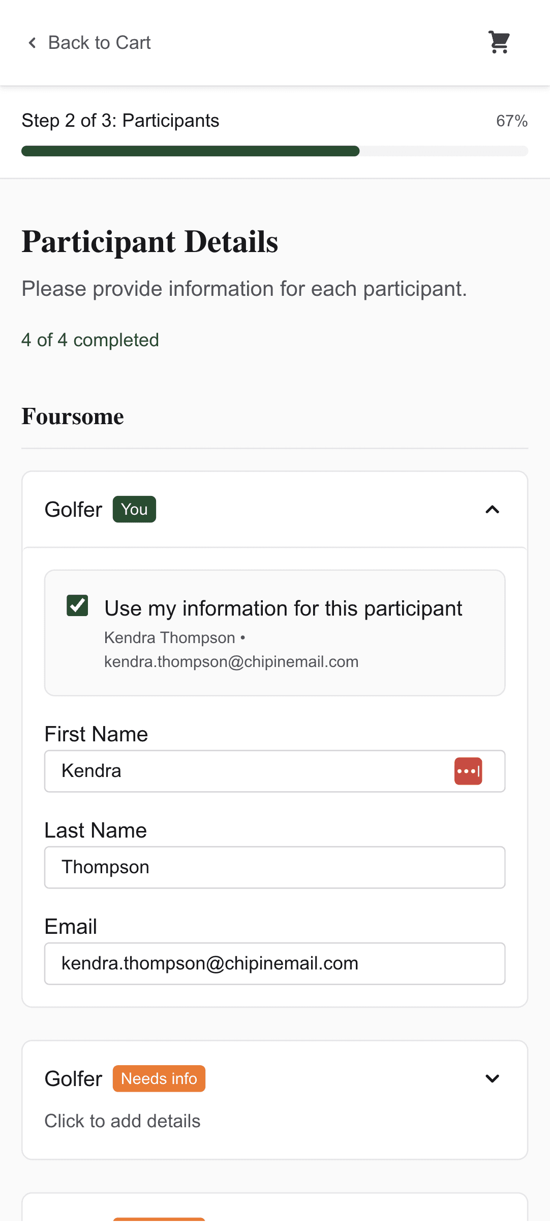 Participant details step on a phone