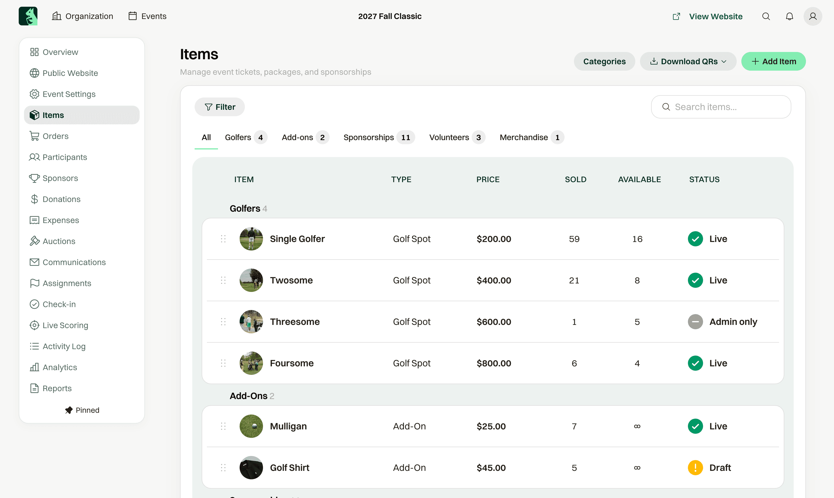 Items overview with golfers, add-ons, sponsorships, and merchandise
