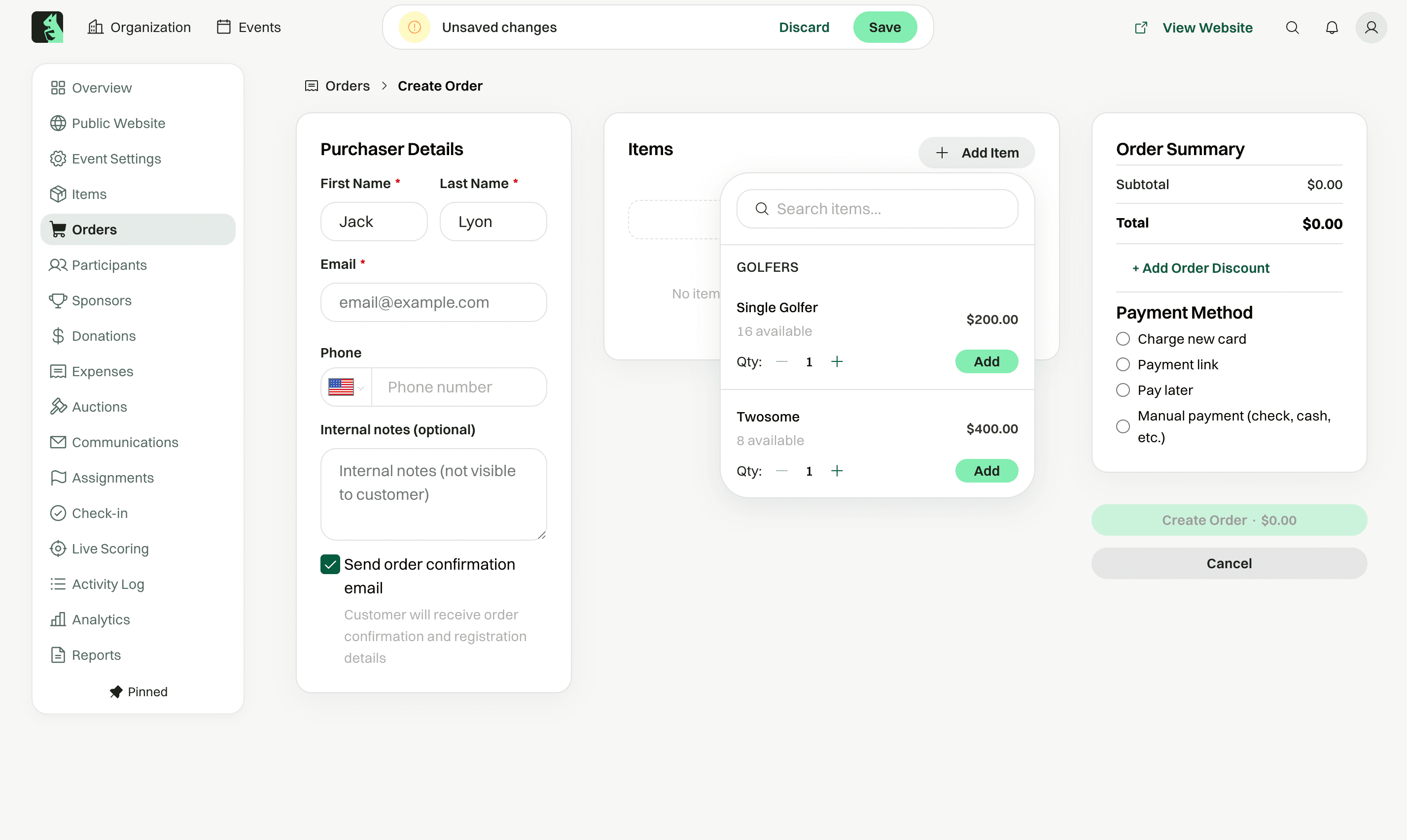 Creating a golfer registration from the dashboard with payment options