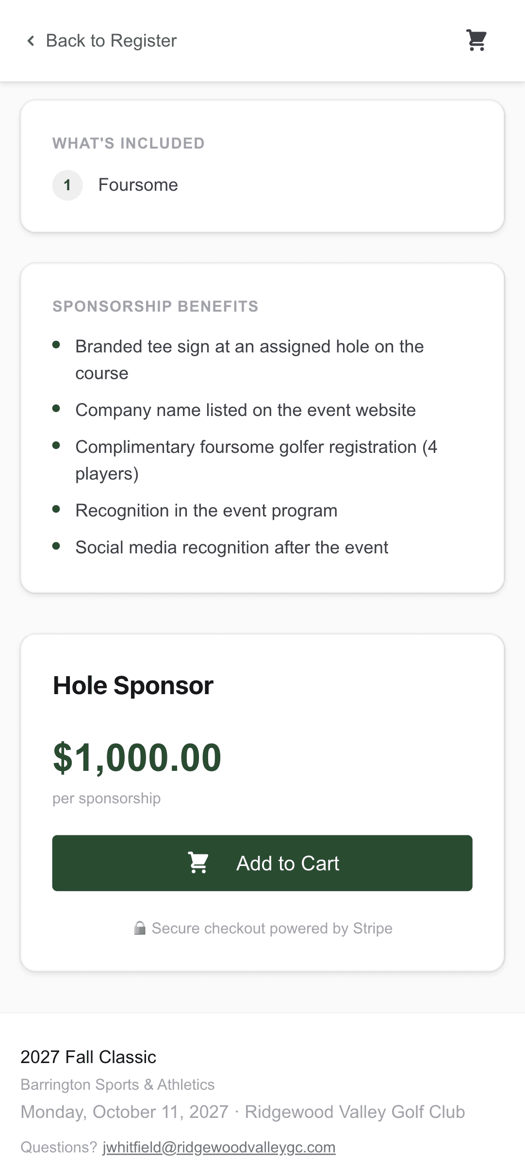 Hole sponsor package with benefits on a phone