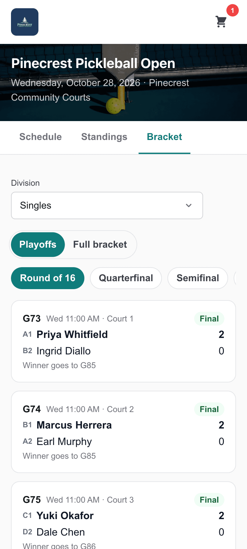 Singles playoff bracket on a phone