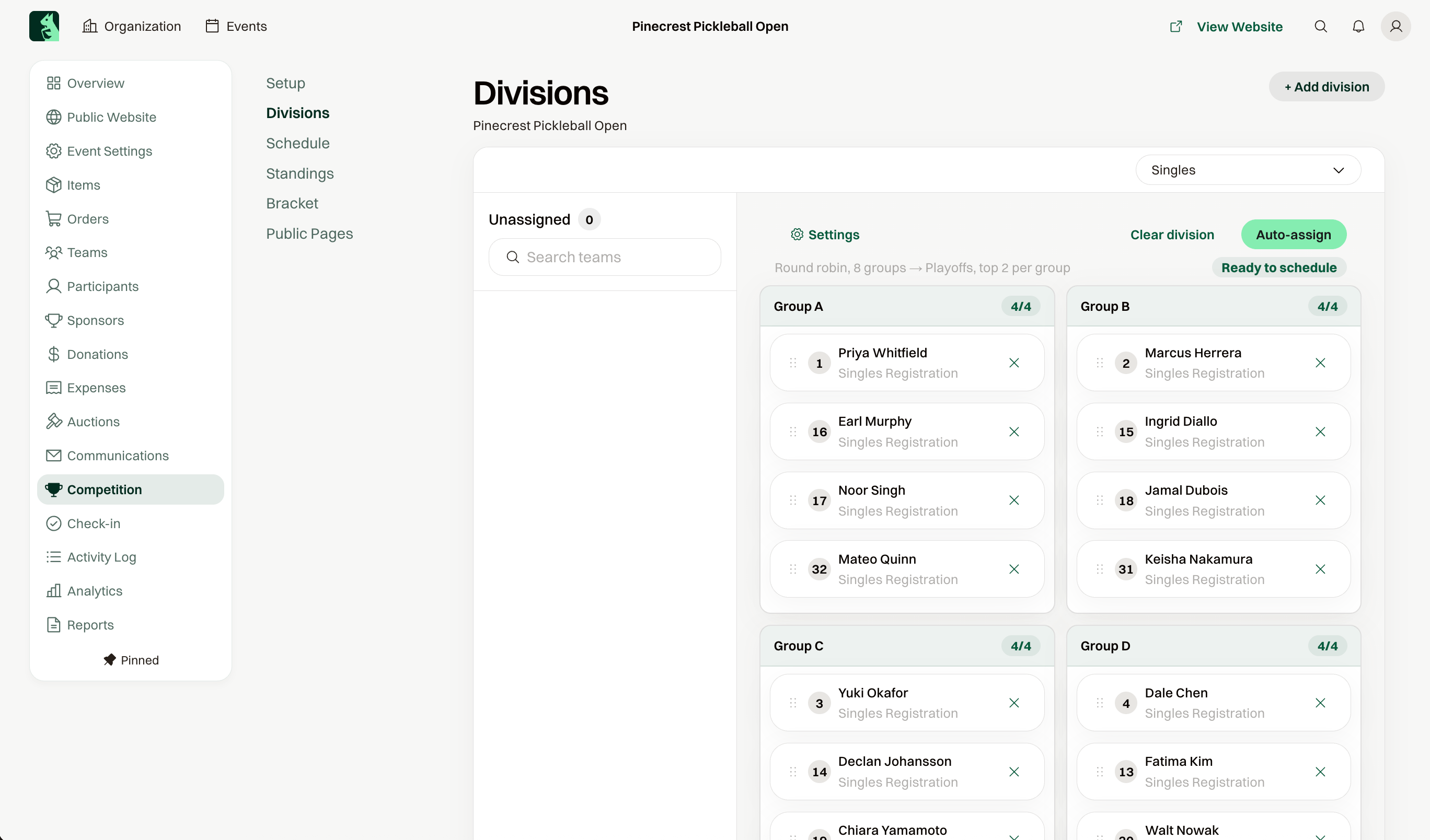 Singles division with players assigned to round-robin groups