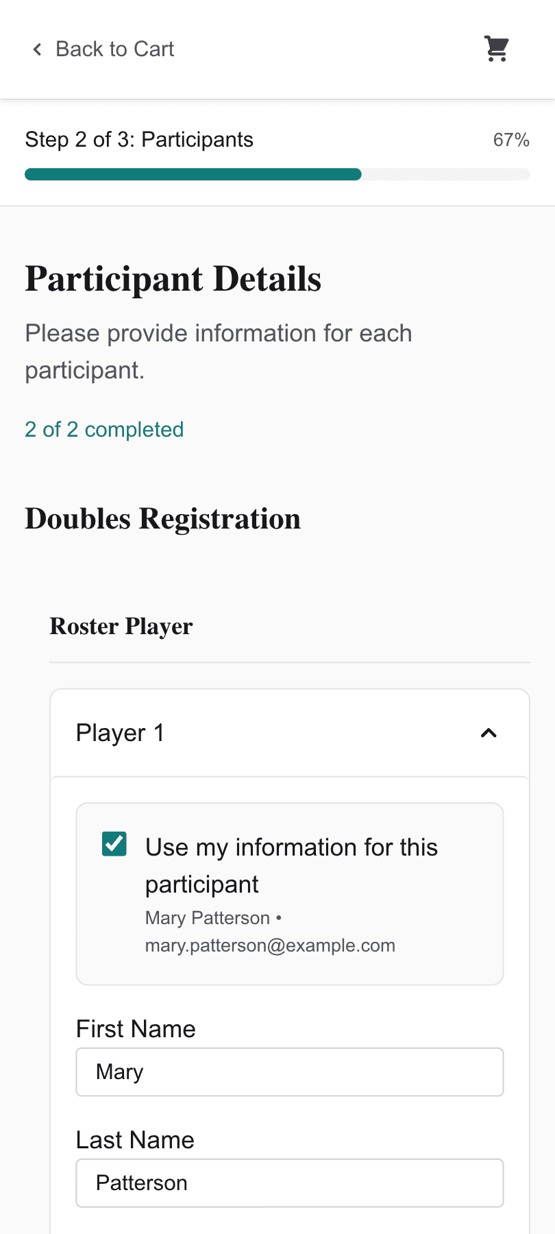 Doubles registration details for both players on a phone