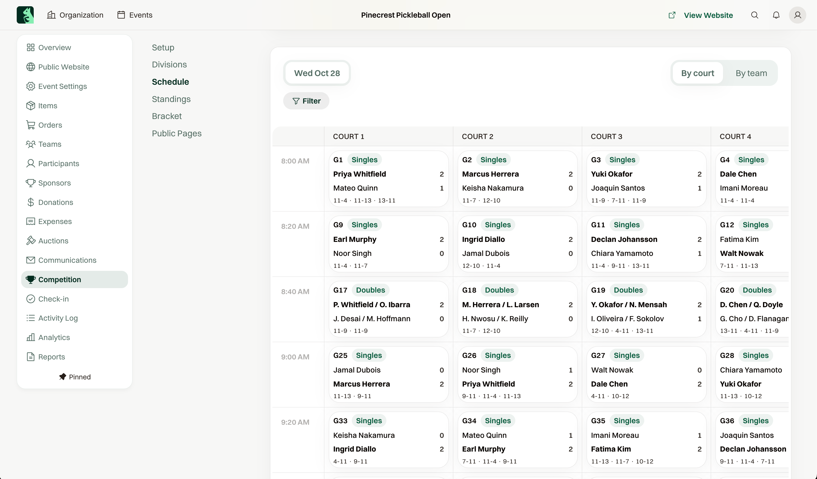 Court-by-court schedule of singles and doubles matches