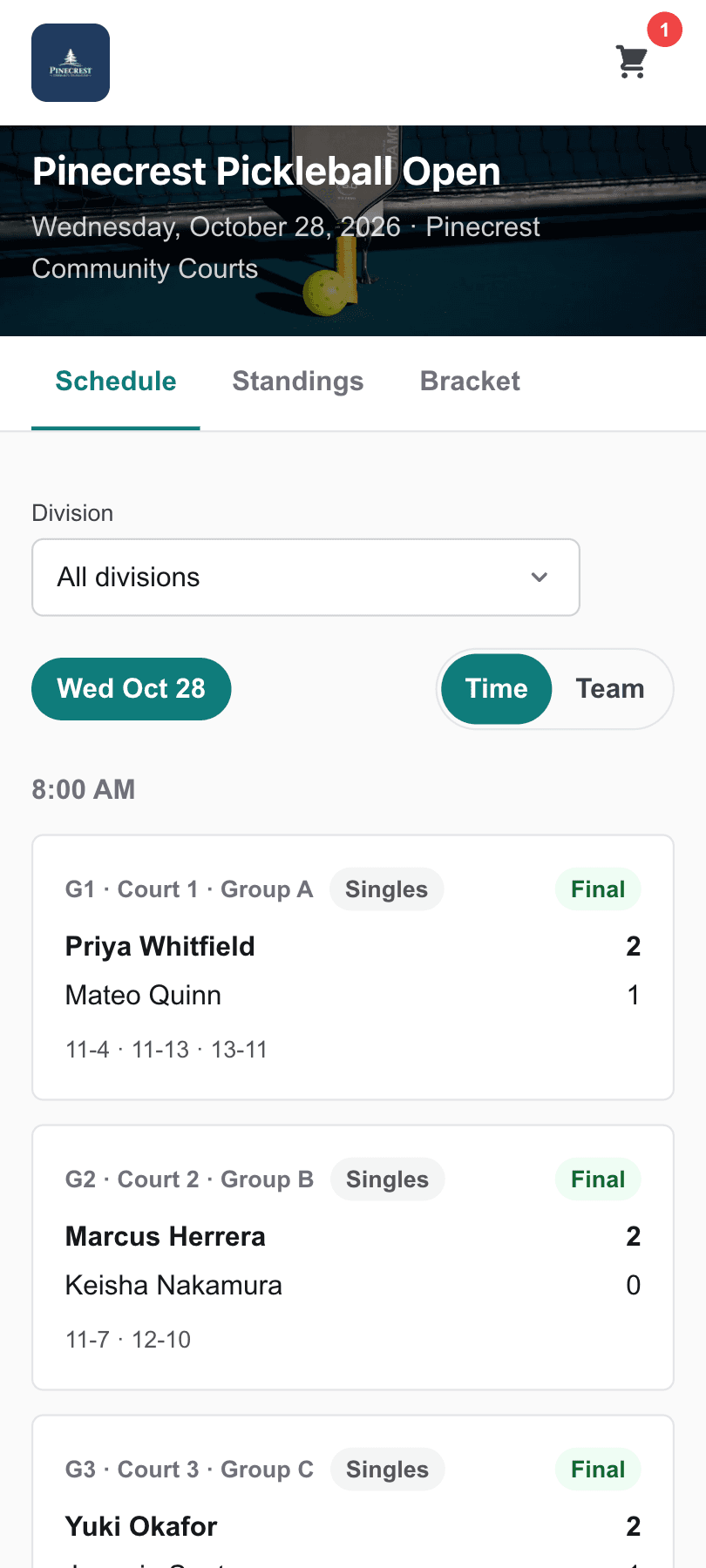 Public match schedule on a phone, with courts, times, and scores