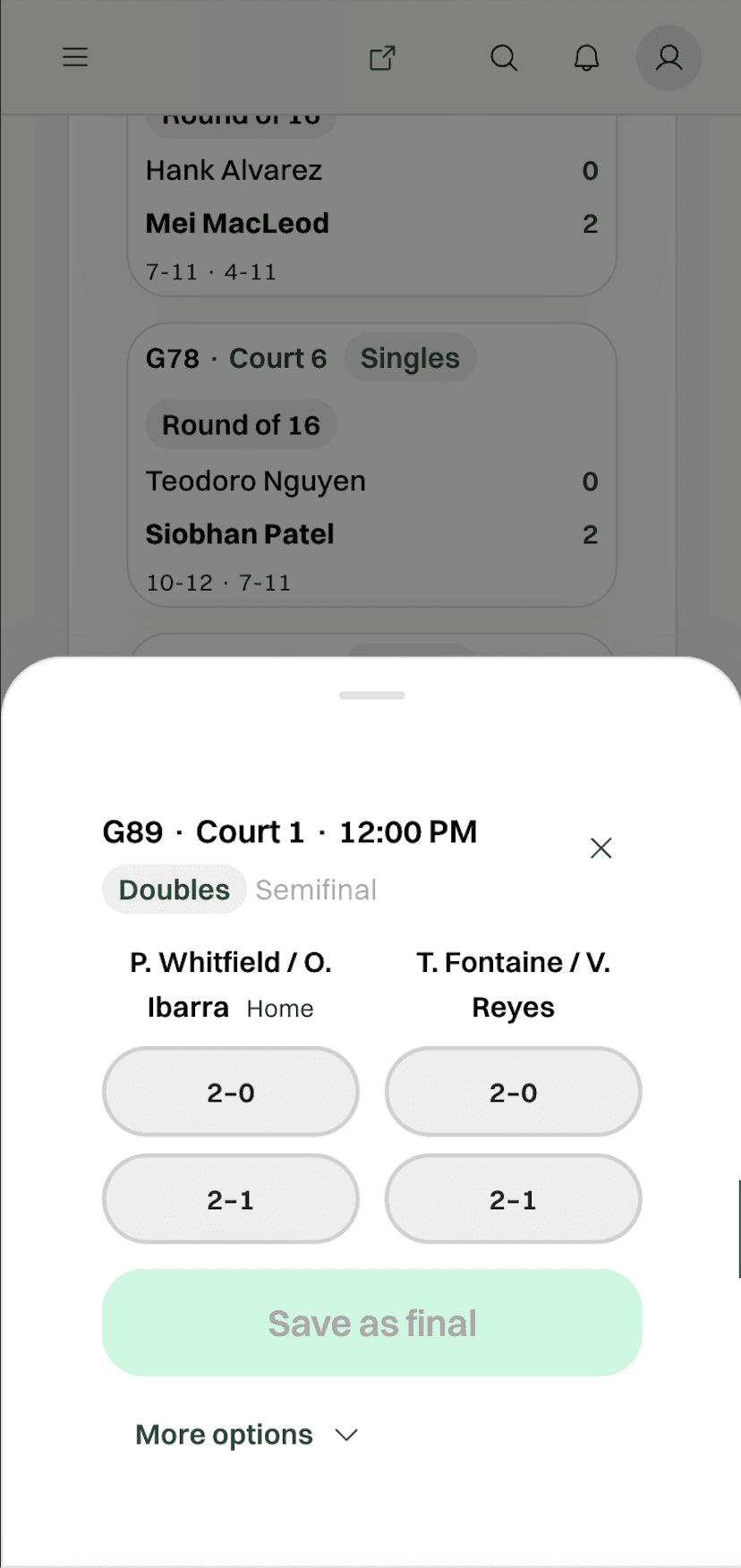 Doubles semifinal score sheet on a phone, with set scores