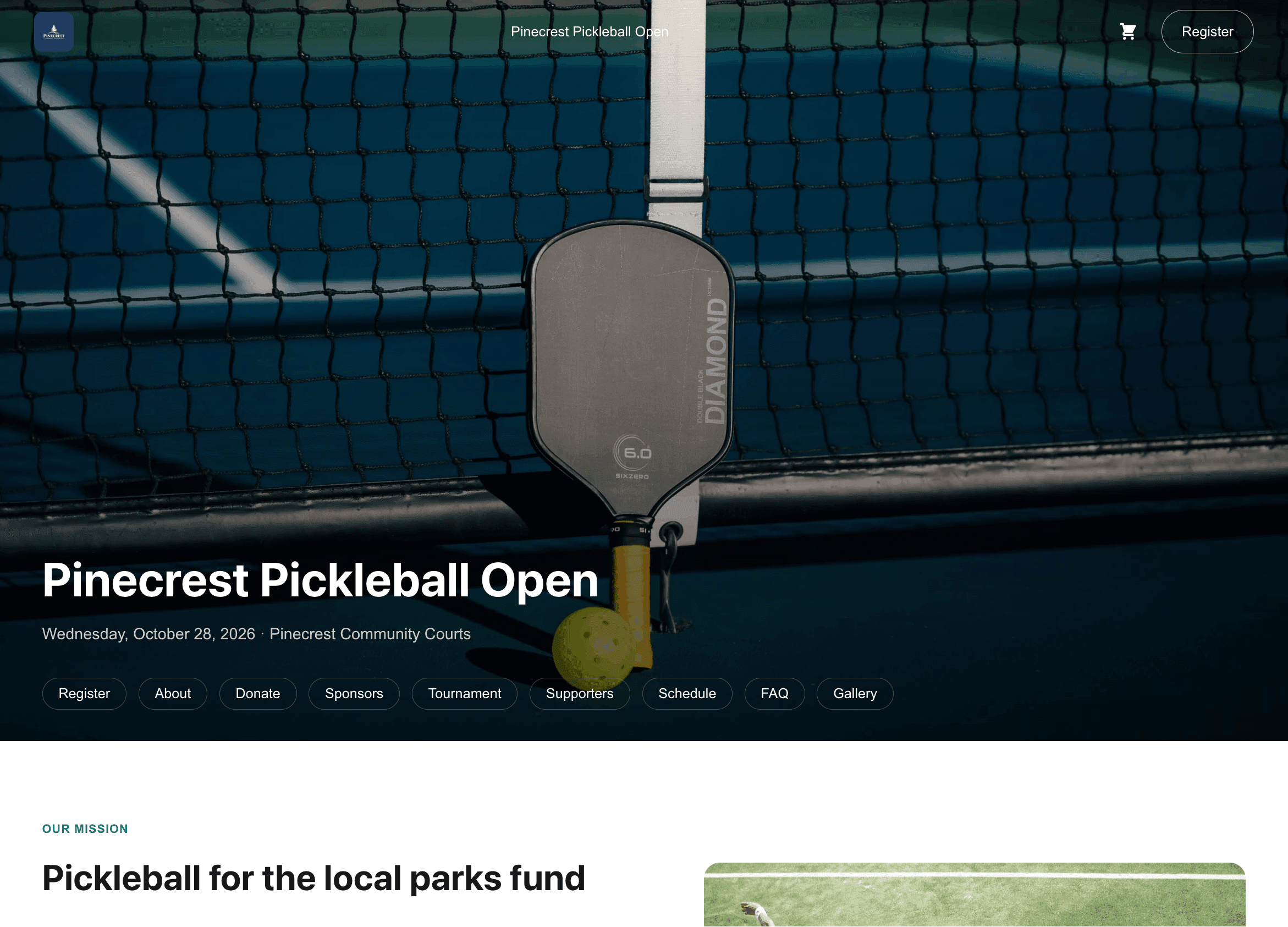 Pickleball tournament site on desktop, with a paddle hero and a register button