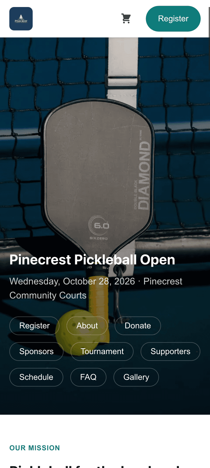 Pickleball tournament site on a phone, with a paddle hero and a register button