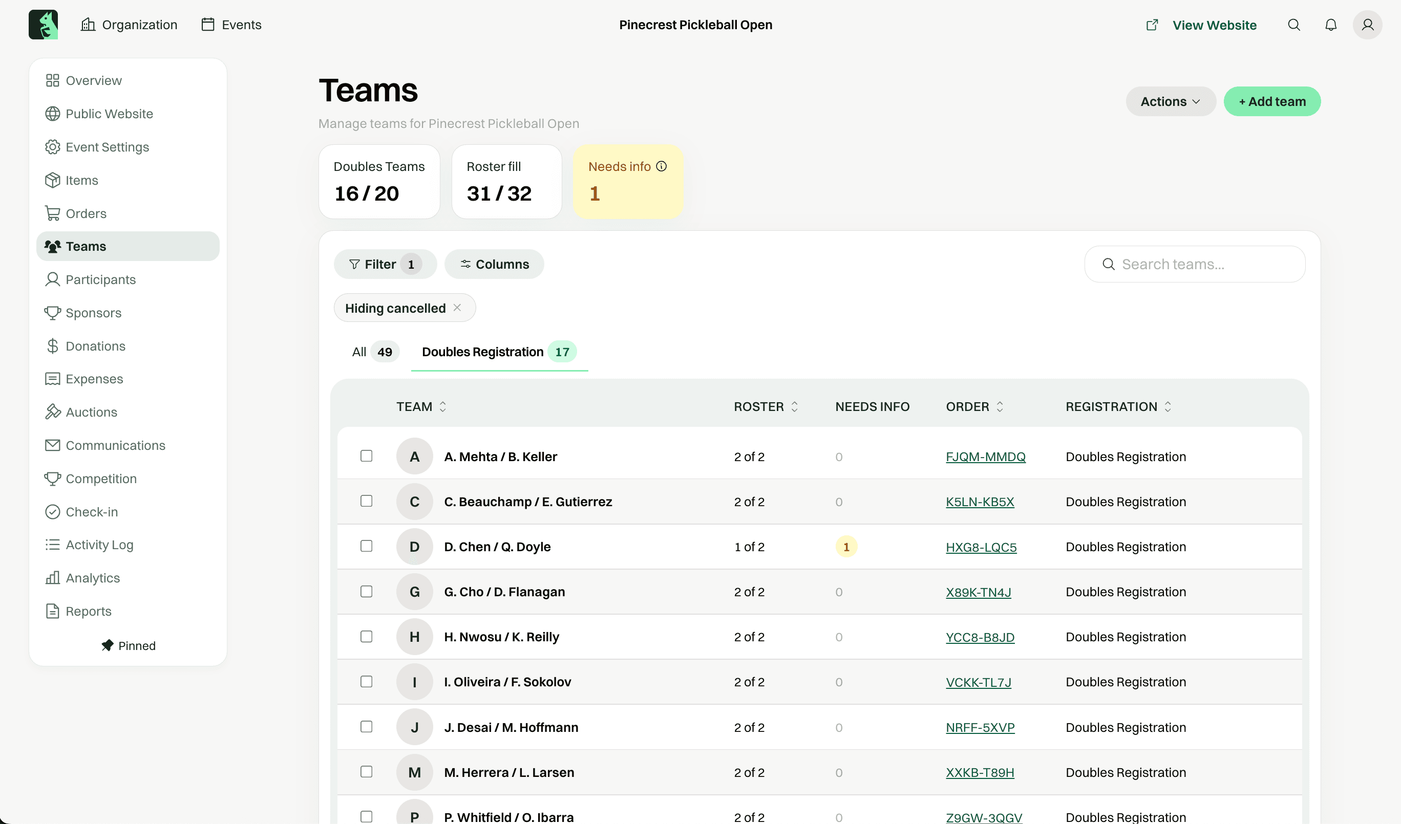 Doubles teams list with roster counts in the dashboard