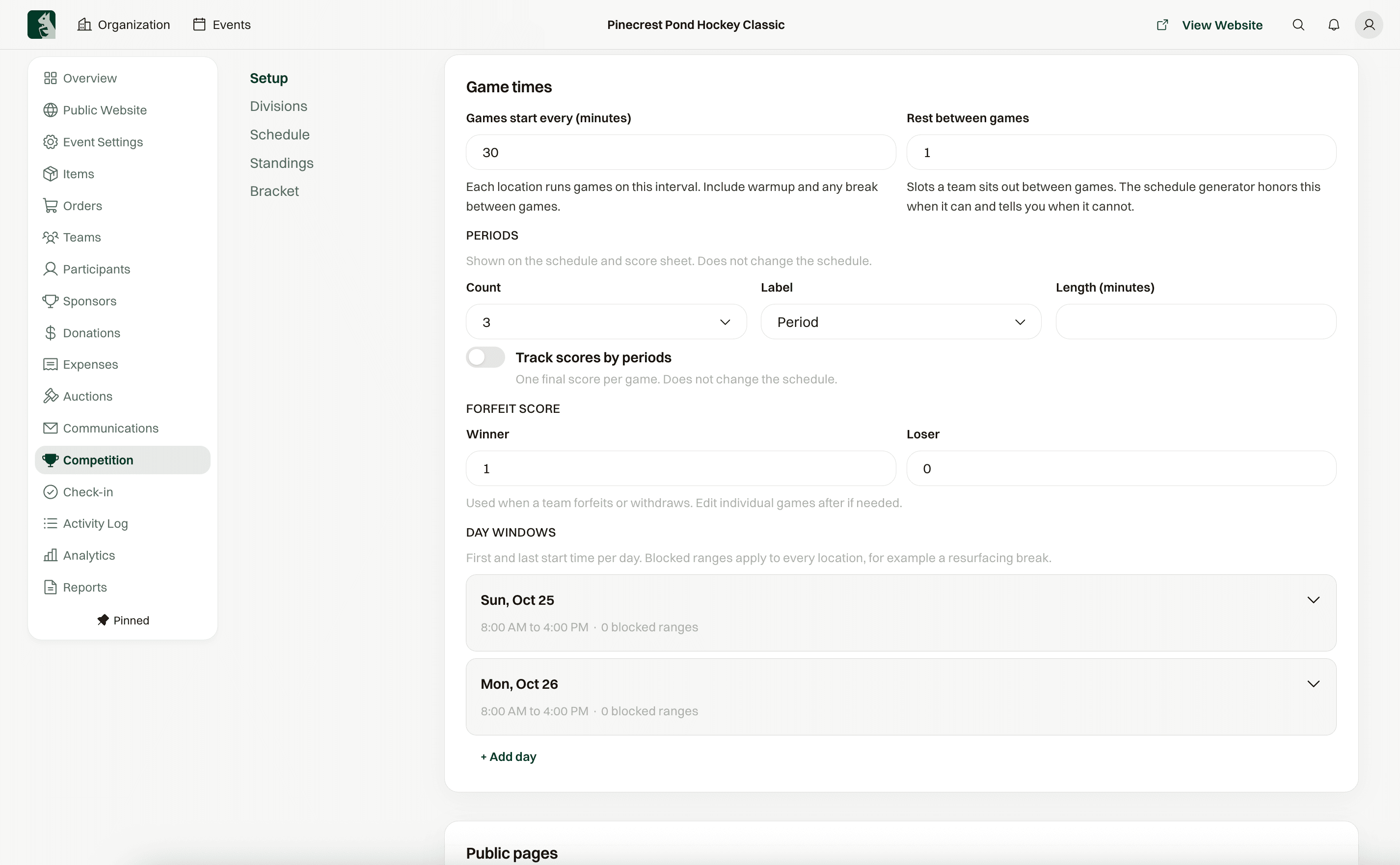 Divisions with formats and playoff settings