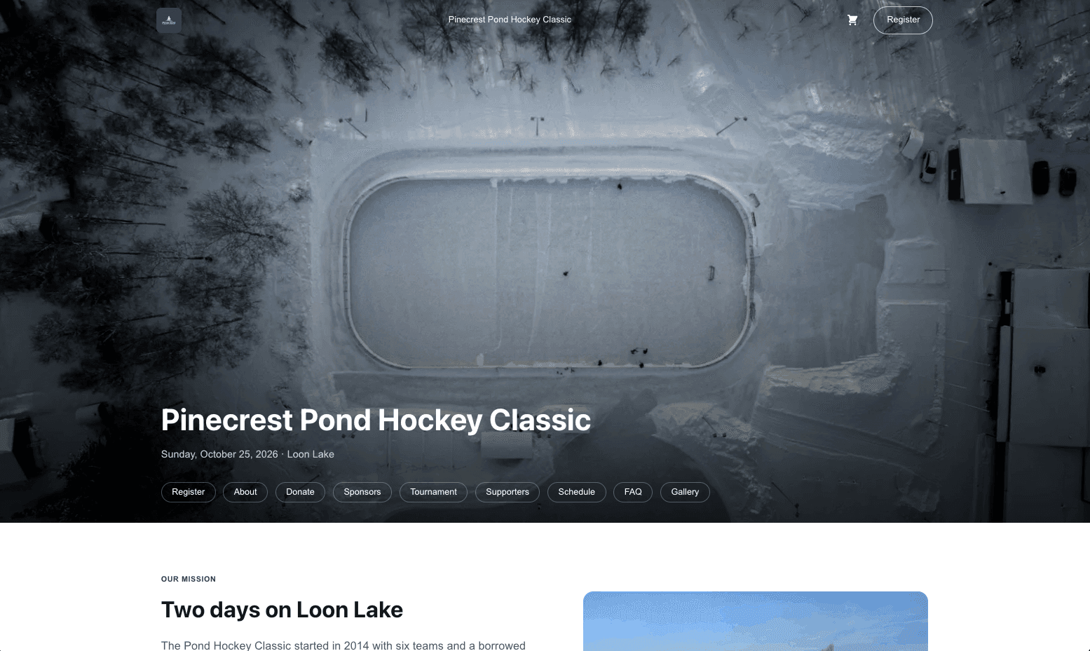 A team tournament site on desktop