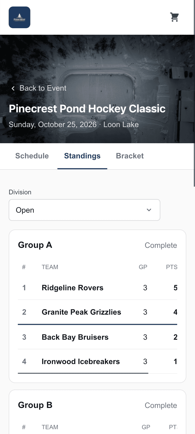 Live standings on a phone