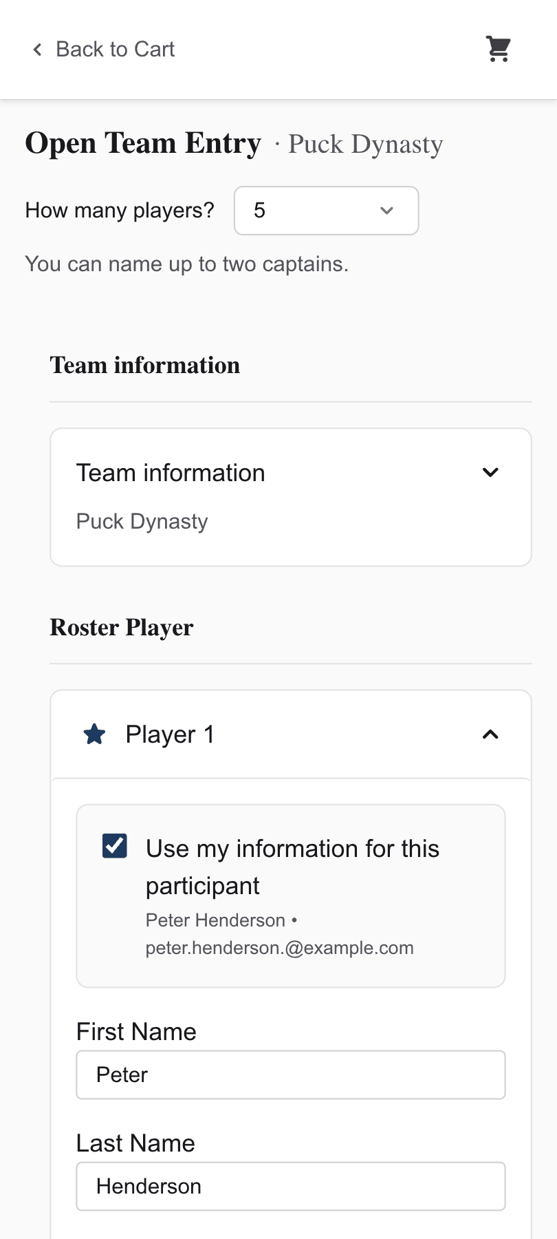 Team registration on a phone